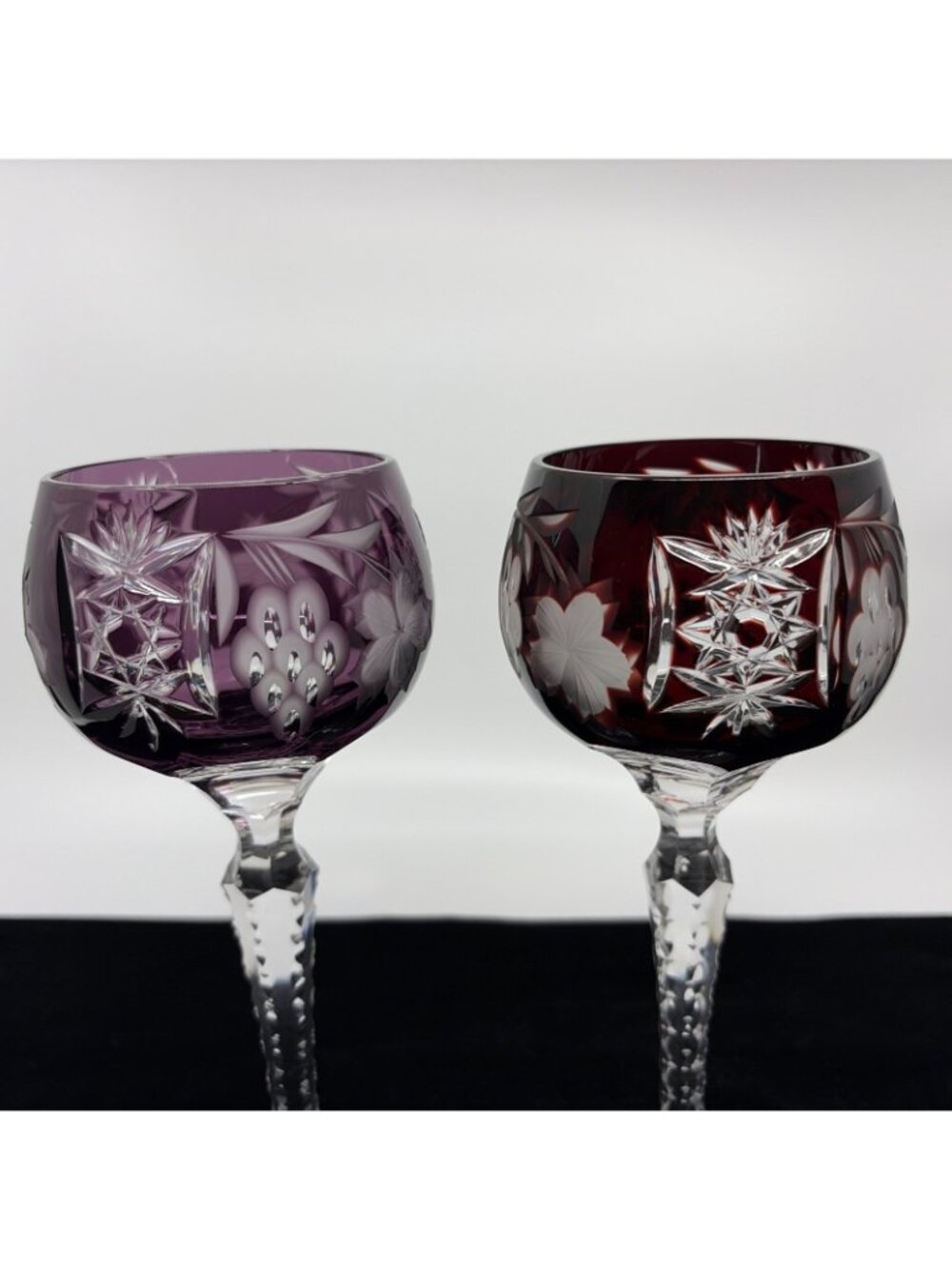2 Ajka Marsala Tall Hock Wine Glasses Cut to Clear Ruby Red Amethyst 8" Vintage - Picture 5 of 8